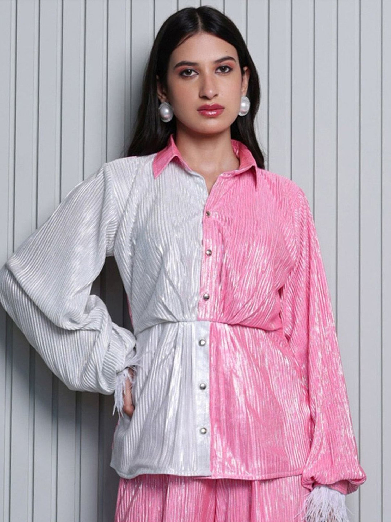 BInfinite BInfinite Metallic White Pink Pleated Shirt with Fur Cuffs