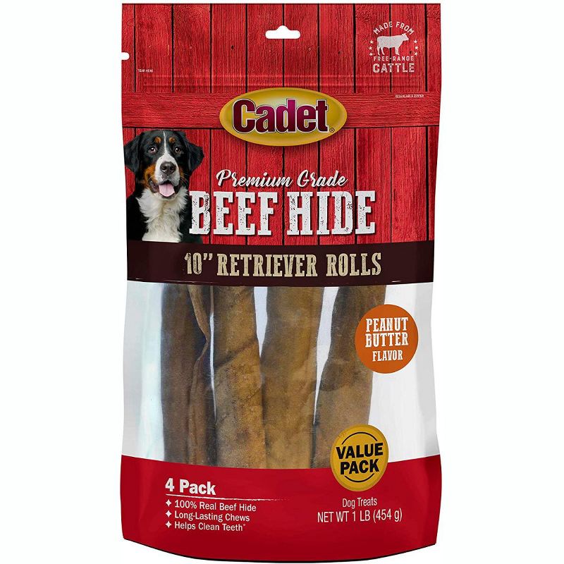Cadet 10 Inch Rawhide Peanut Butter Basted Retriever Rolls (1 lb x 4 Pack)