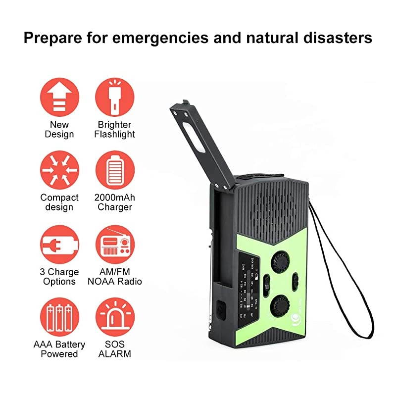2020 Upgraded Version  Portable Camping Weather Radio Emergency Solar Crank Radio with Flashlight and Reading LampAM FM NOAA Weather Radio2000mAh Power Bank and SOS Alarm018WB Green