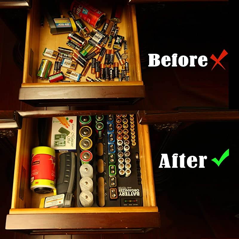 Battery Organizer Storage Case with Hinged Clear Cover, Includes a Removable Battery Tester, Holds 93 Batteries Various Sizes AA AAA C D 9V Battery Storage Case/Holder/Container