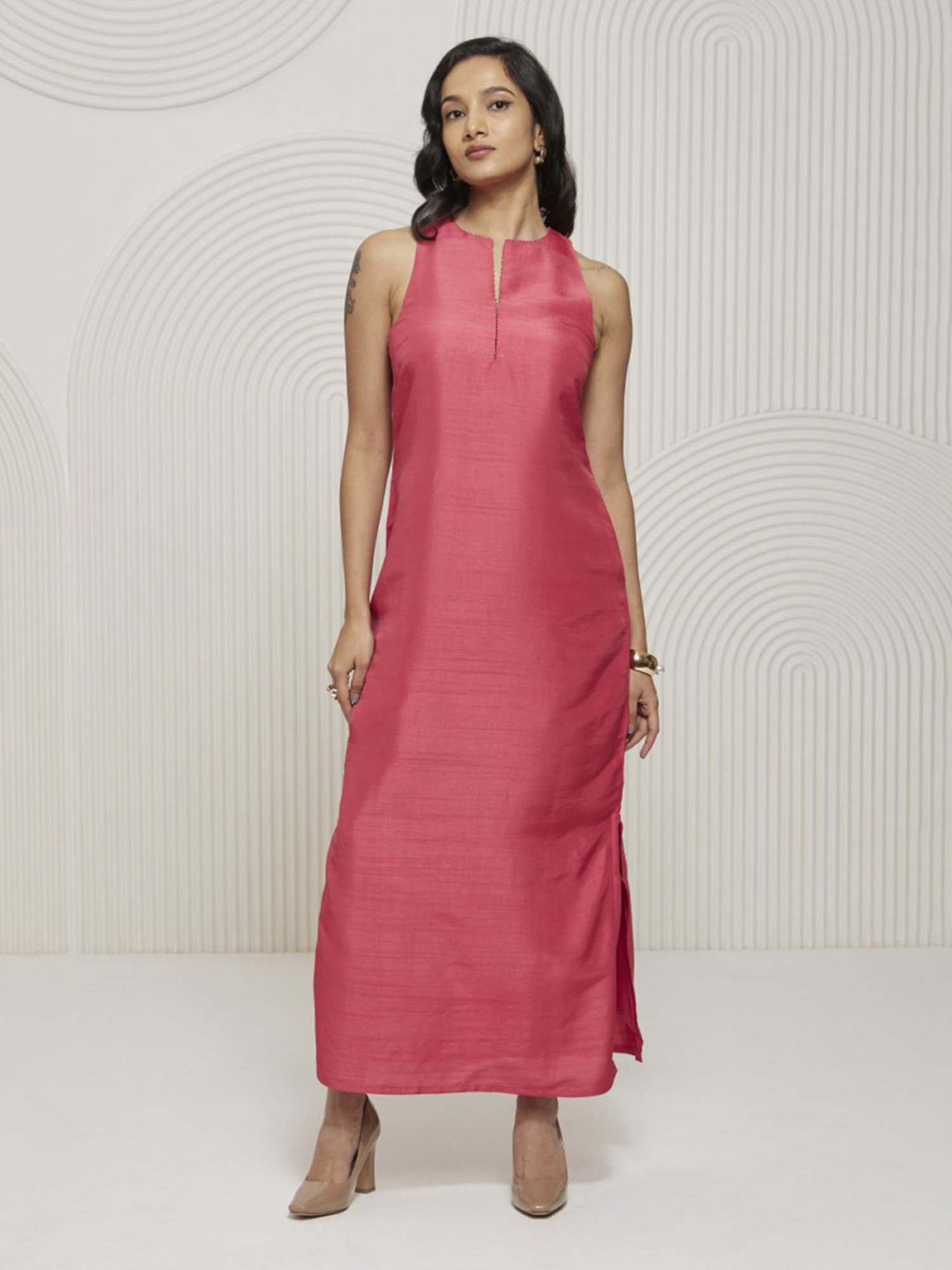 Artagai Tea Berry Pink Romancing Aari Incut Sleeve Maxi Dress