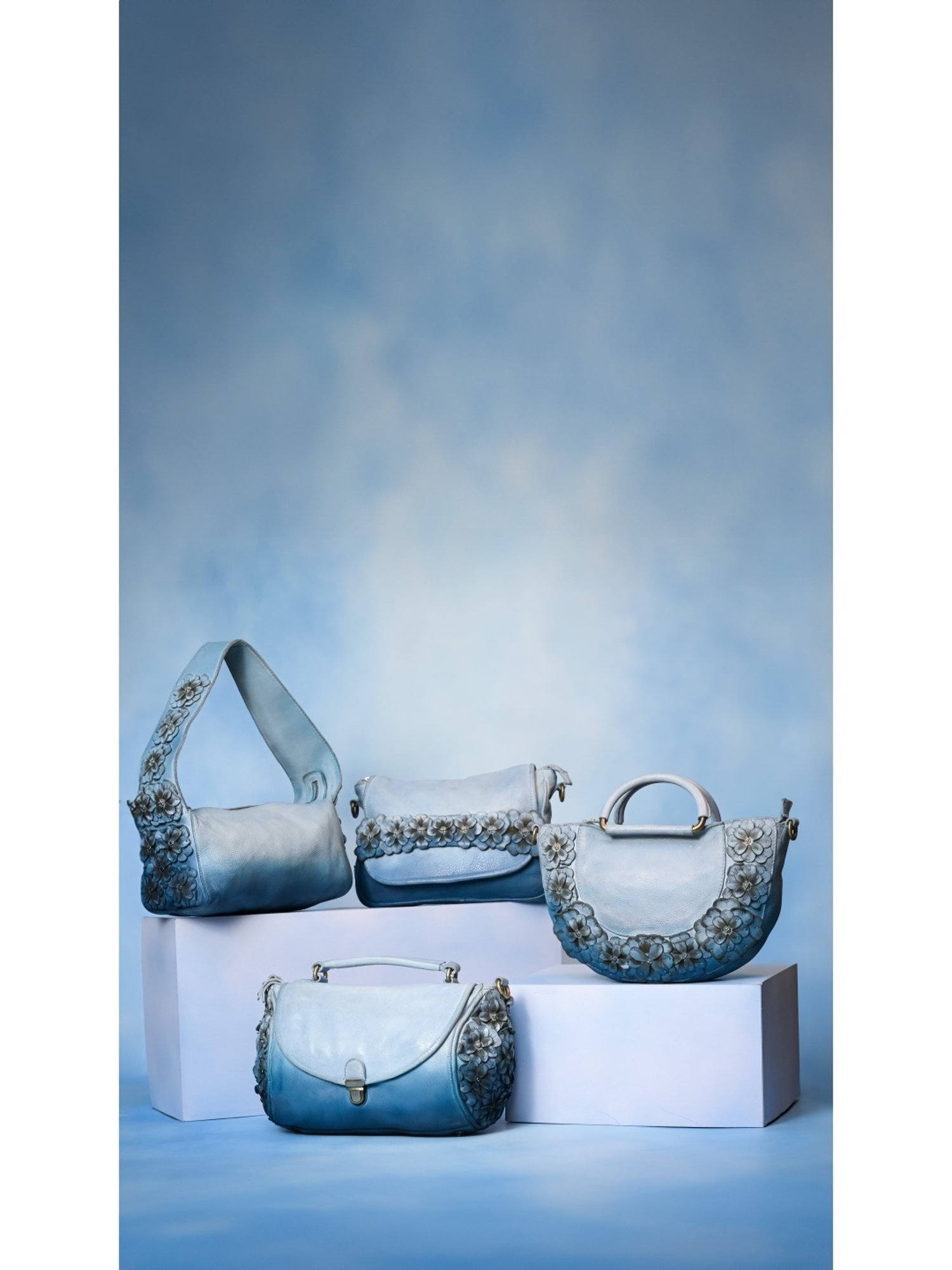 Art N Vintage Azure Aster Blue Leather Floral Medium Hobo Handbag