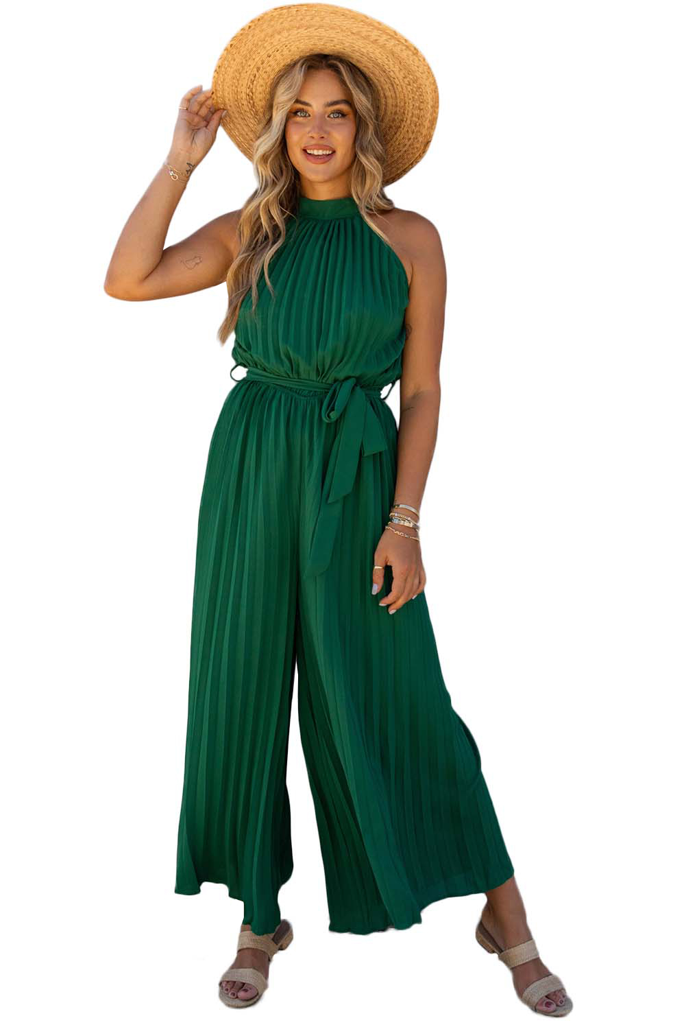 Rose Tan Solid Self Tied Straps Pleated Wide Leg Jumpsuit