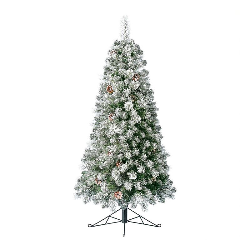 Home Heritage 5 Foot Snow Flocked Half Pine Prelit Artificial Christmas Tree with Pinecones, Warm White LED Lights, On/Off Foot Pedal, and Metal Stand