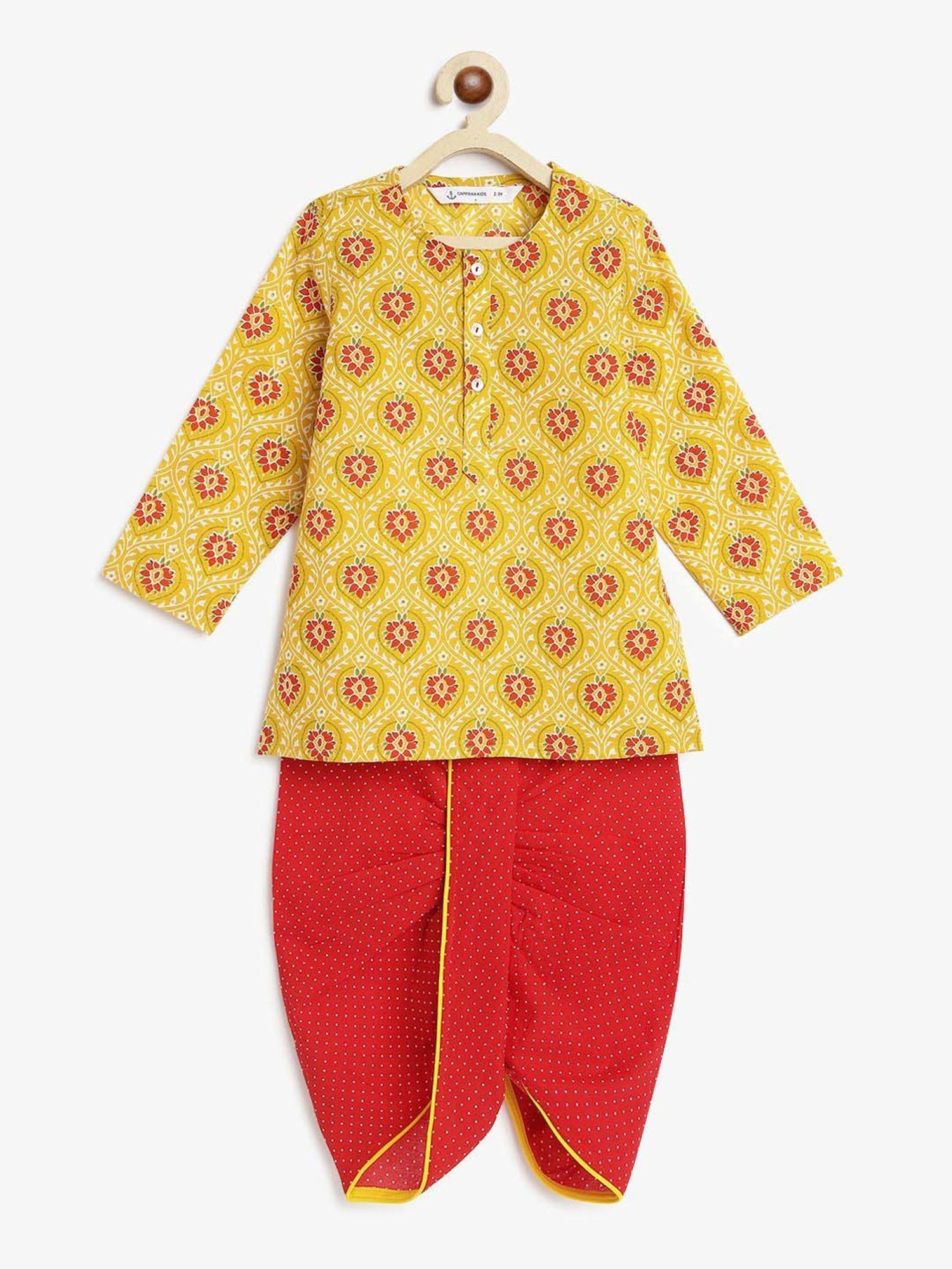 Campana Kids Yellow & Red Cotton Printed Full Sleeves Kurta & Dhoti
