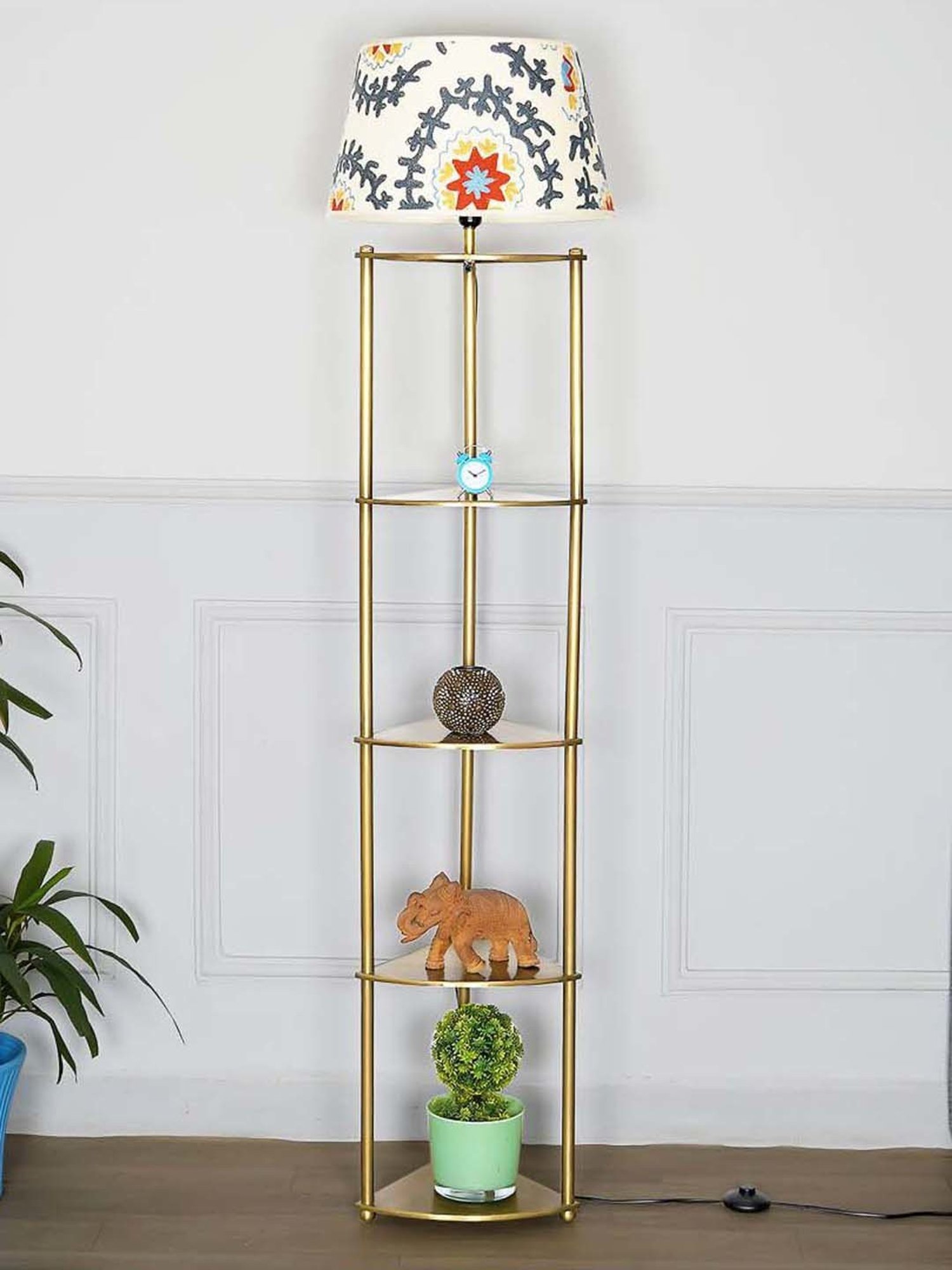 Kapoor E Illuminations Devan Antique Brass Metal Multiutility Shelf Floor Lamp