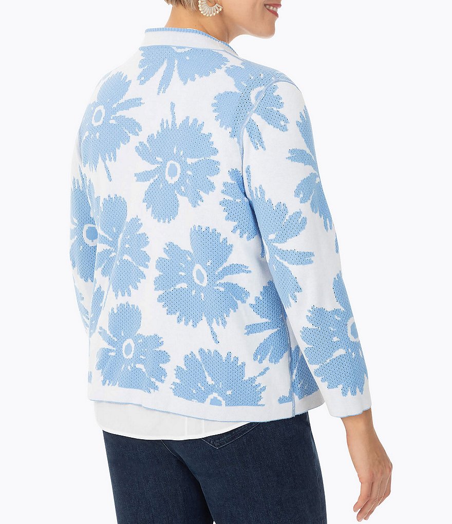 Foxcroft Plus Size Bracelet Sleeve Reversible Floral Stitch Cardigan