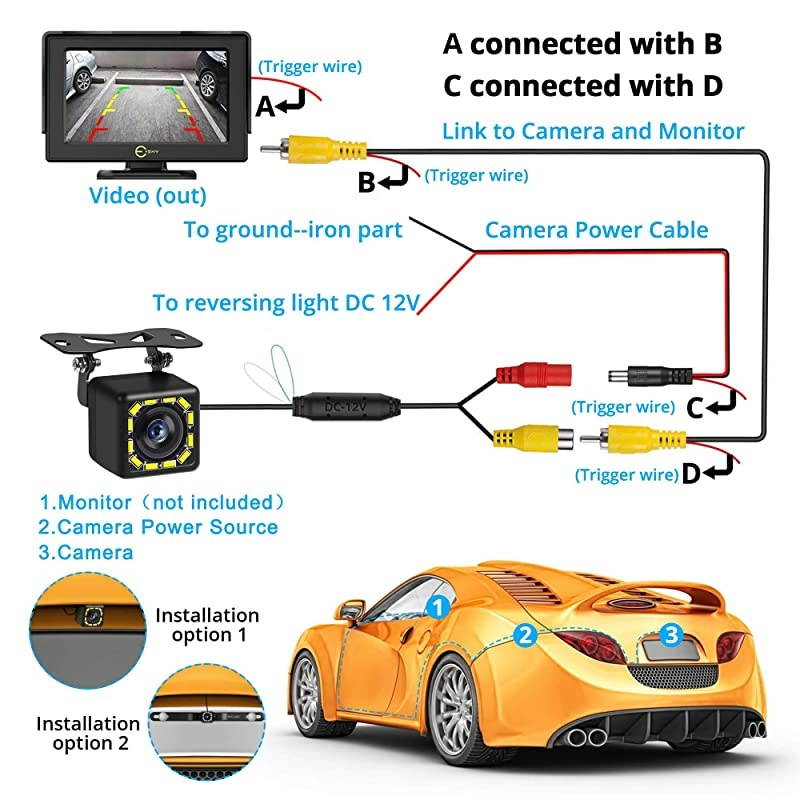Backup Camera Rear View Camera Ultra HD 12 LED Night VisionWaterproof Reverse Camera 140 Wide View Angel with Multiple Mount Brackets for Universal sSUVTrucksRV and More