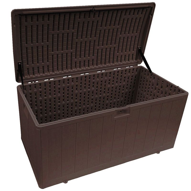 Plastic Development Group 105-Gallon Weather-Resistant Resin Outdoor Patio Storage Deck Box with Lid Retainer Straps, Java Brown
