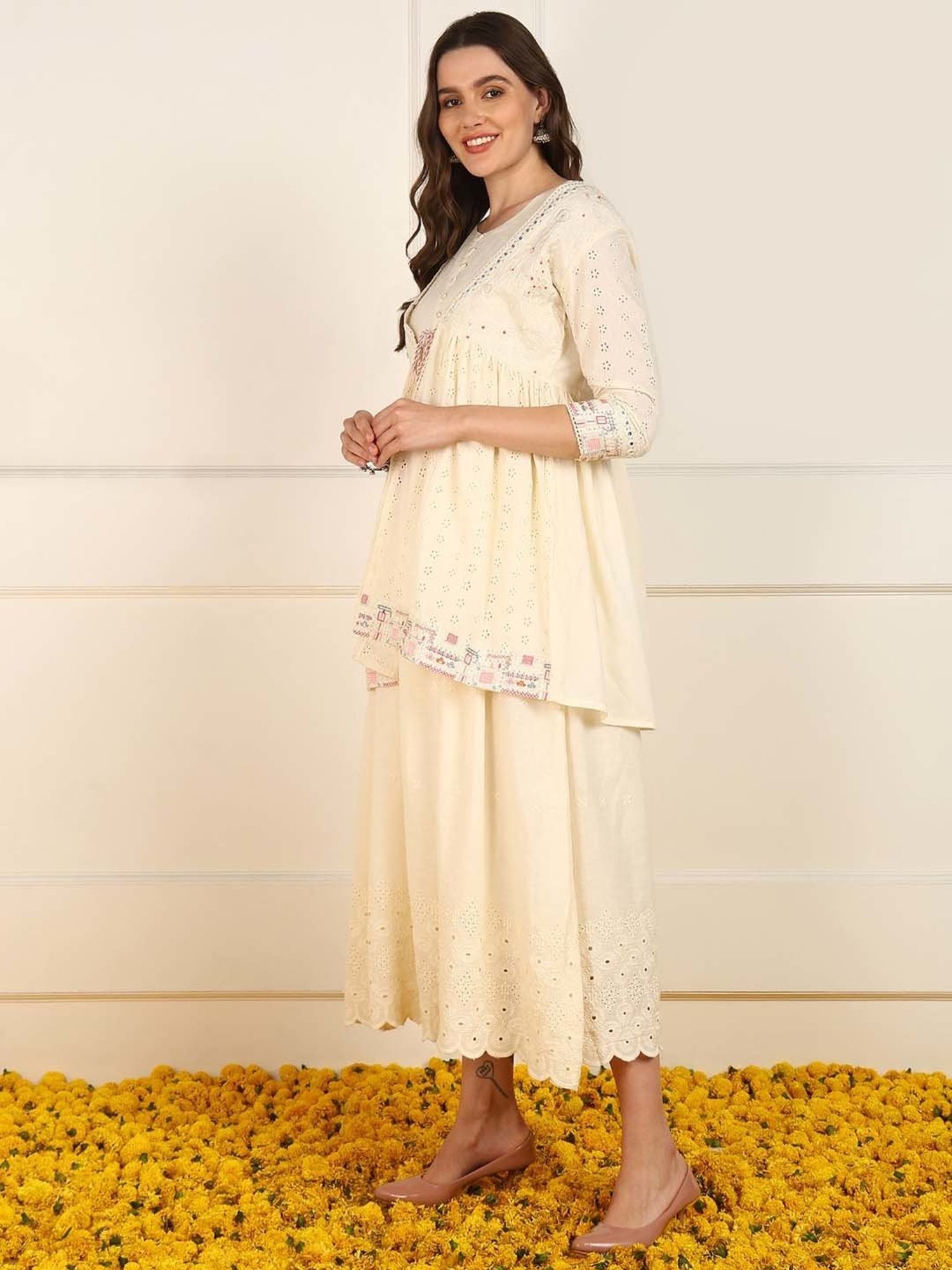 Vaamsi Beige Cotton Embellished Maxi Dress With Shrug