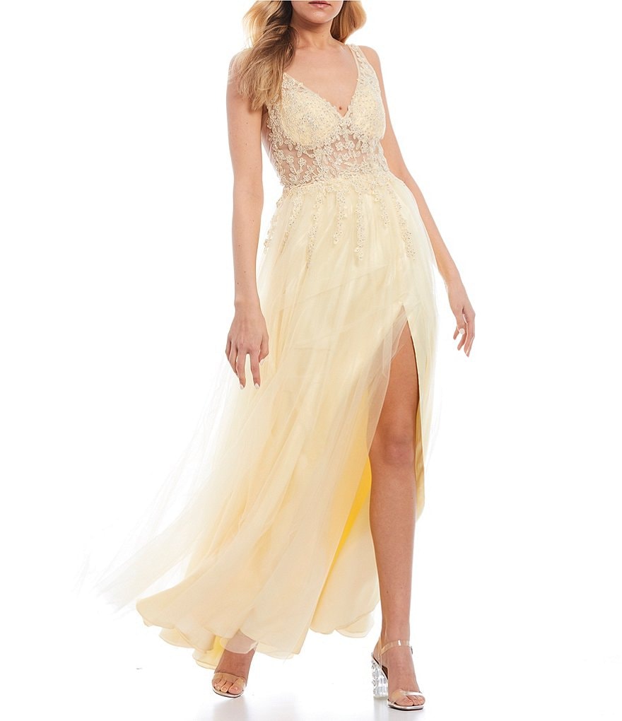 Blondie Nites Sleeveless V-Neck Side Slit Embroidered Mesh Tank Ball Gown