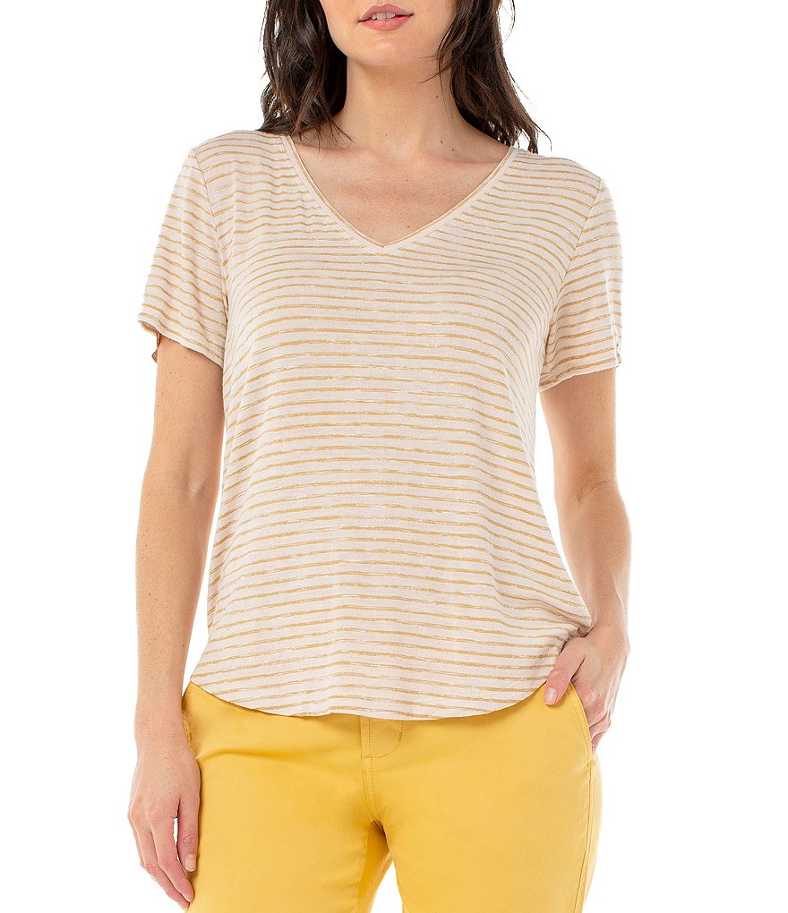 Liverpool Los Angeles Short Sleeve V-Neck Striped Tee