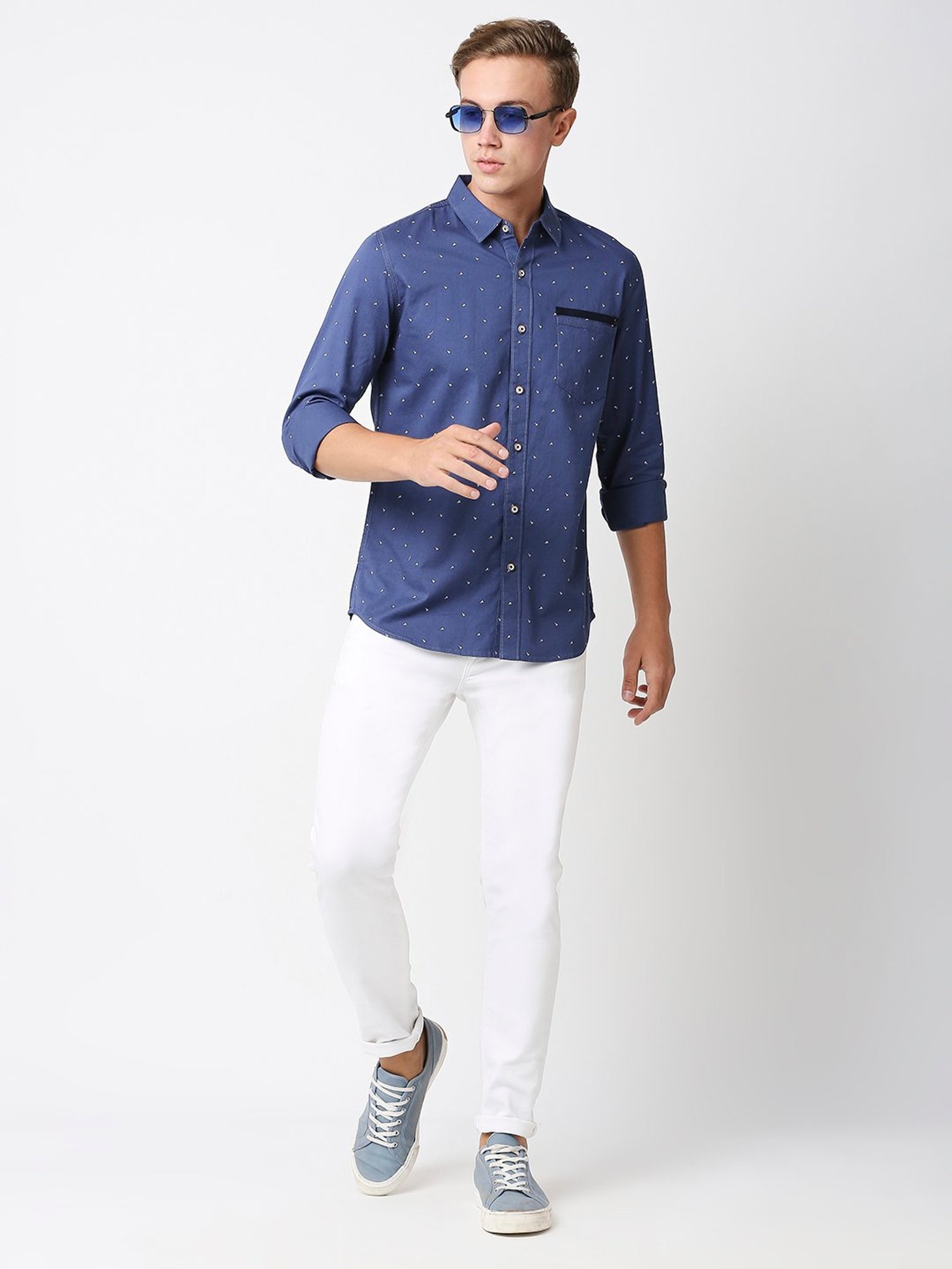 SOLEMIO Blue Slim Fit Printed Shirt