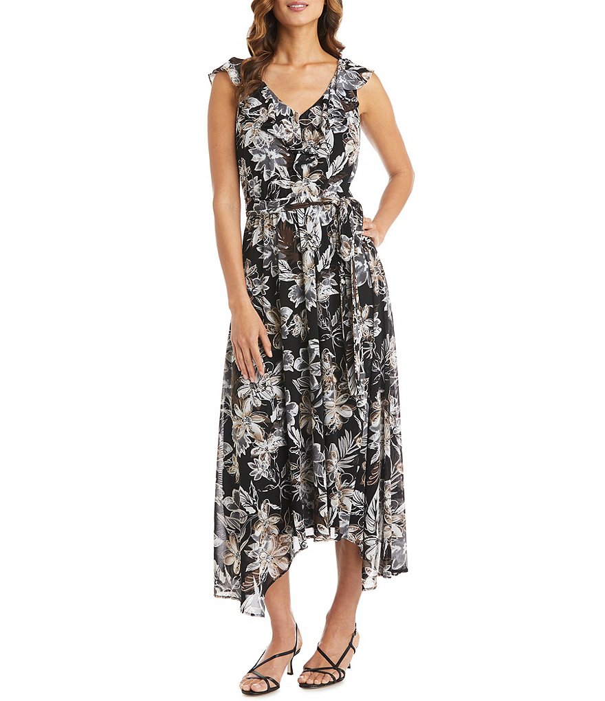 R & M Richards Petite Size Ruffle Collar Puff Print Power Mesh Dress