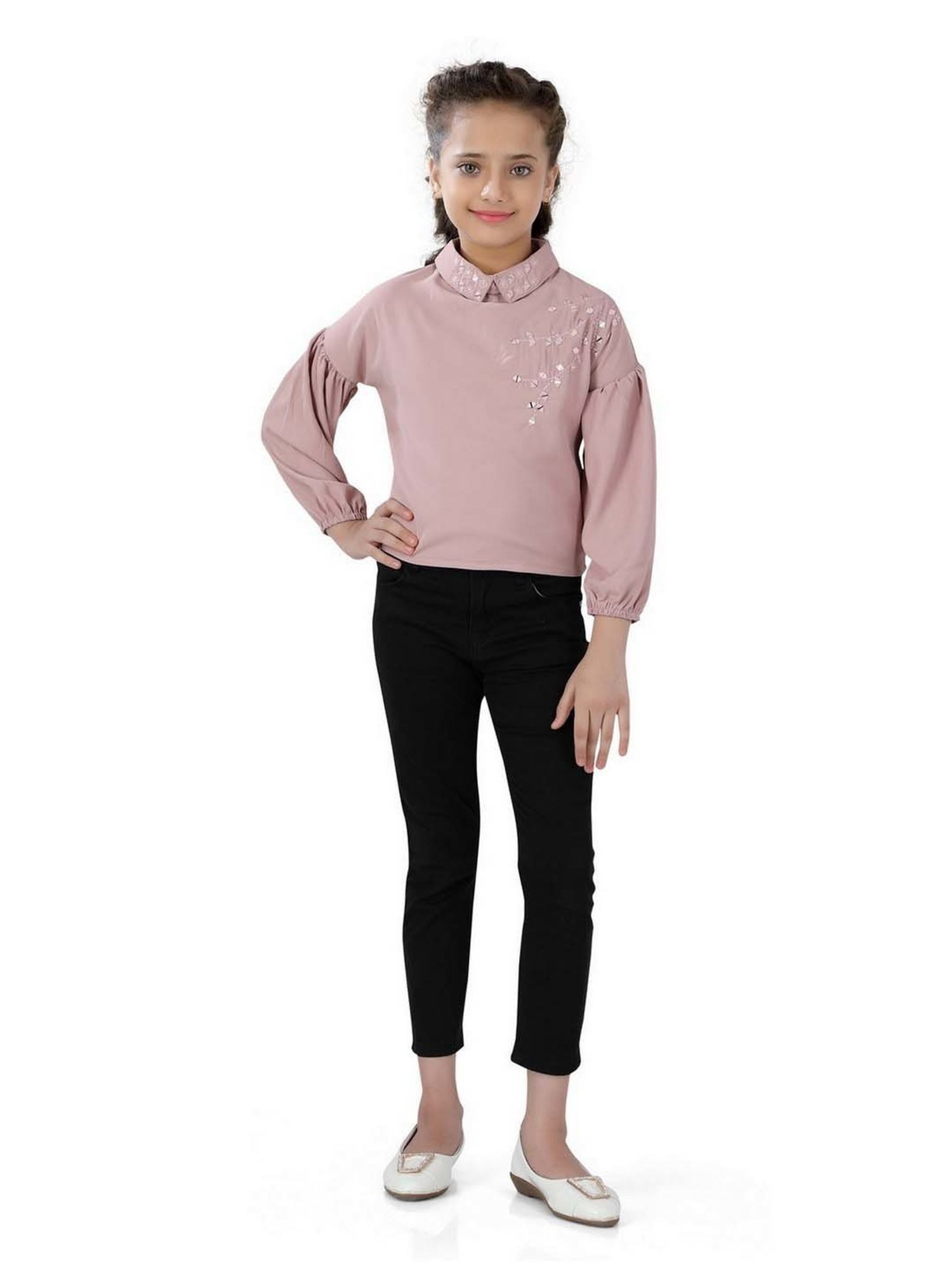 poplins Kids Pink Cotton Embellished Full Sleeves Top