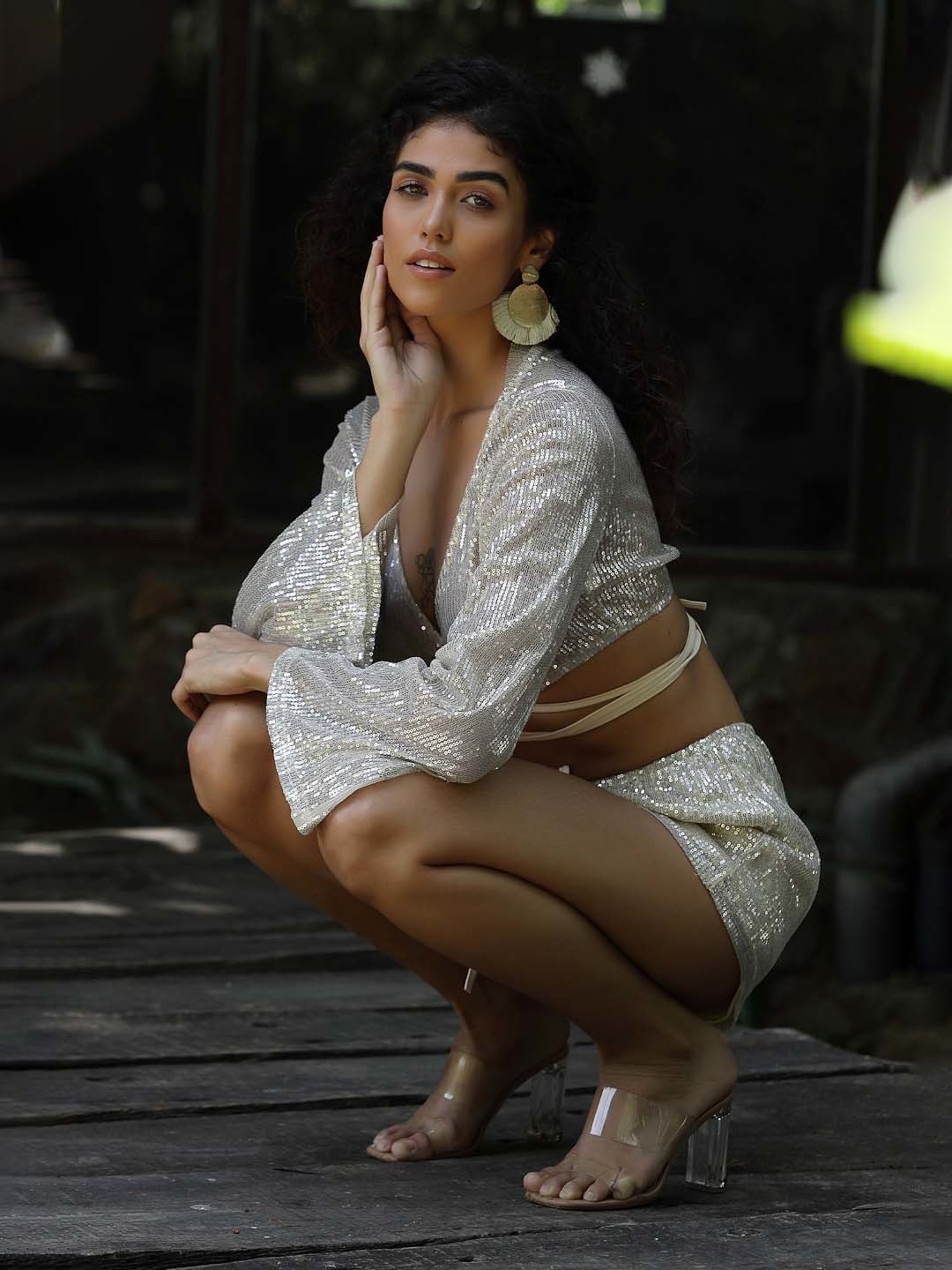 PRIZO Silver Embellished Crop Top With Shorts