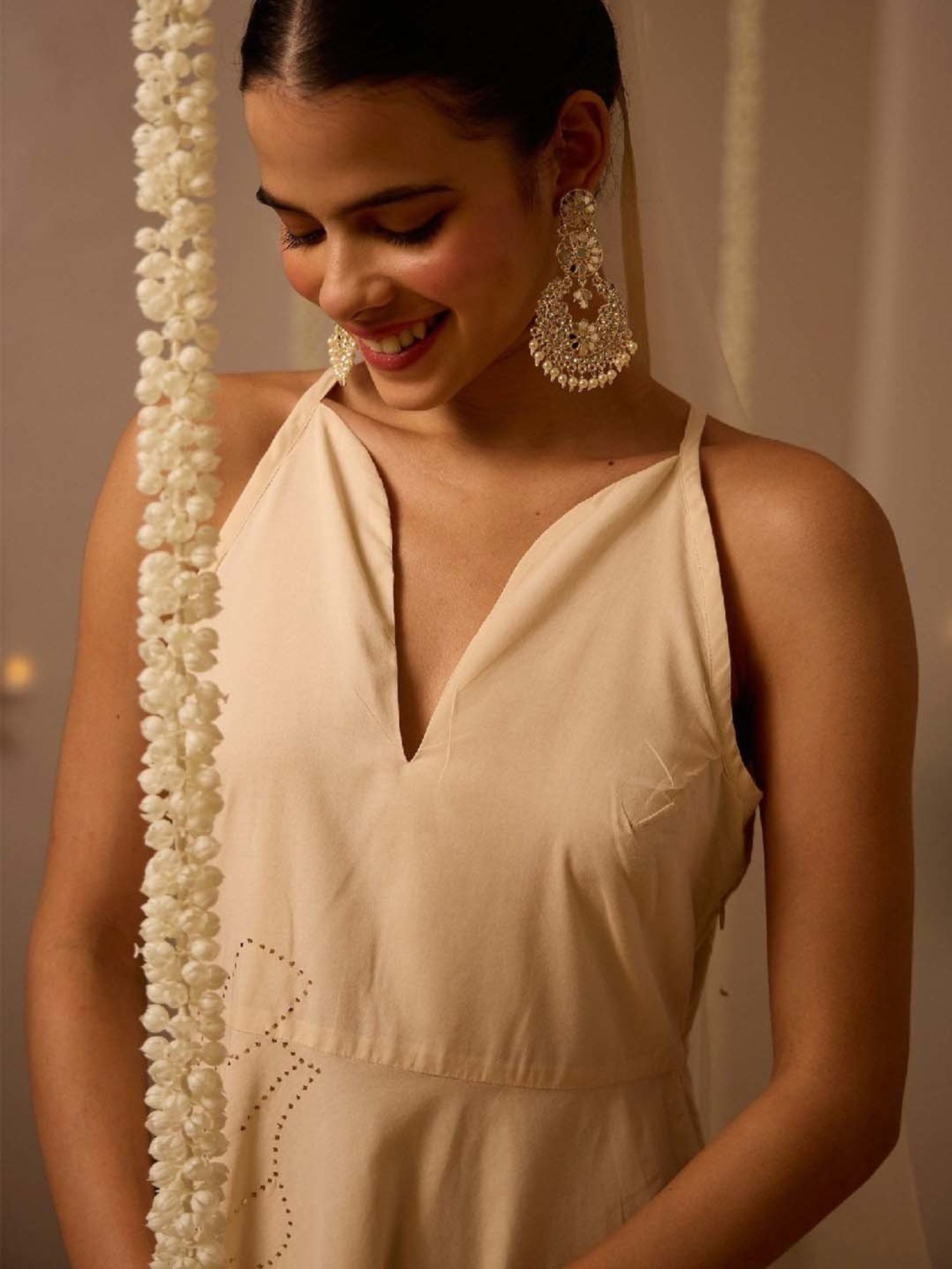 Okhai Off White Embellished Ethnic Dress With Dupatta