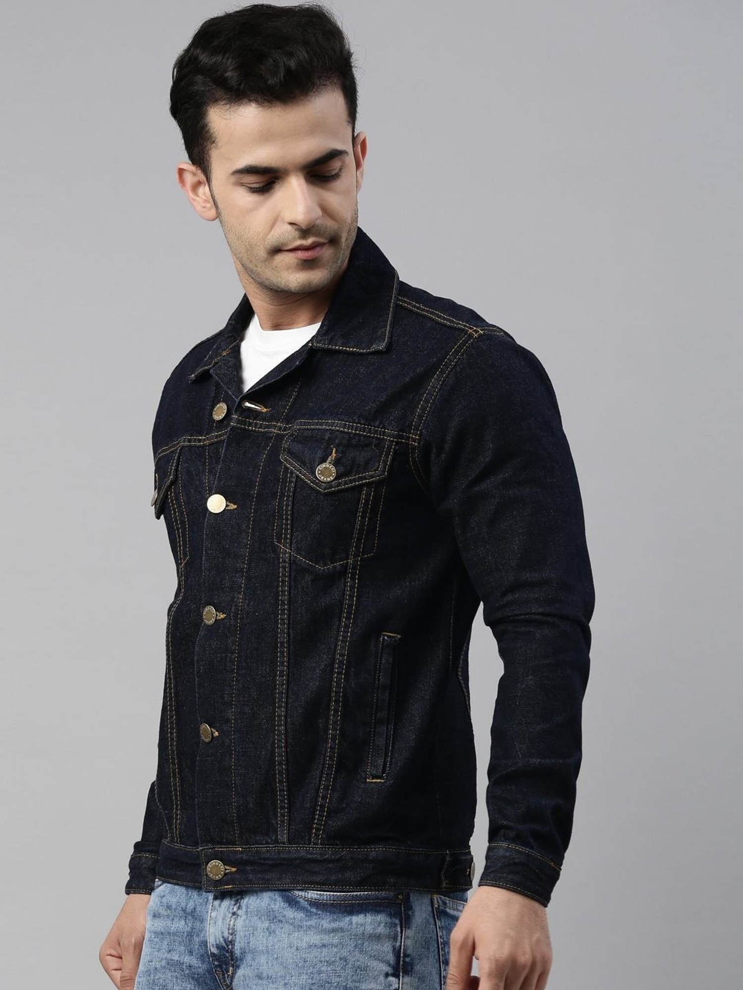 CINOCCI Navy Blue Cotton Slim Fit Denim Jacket