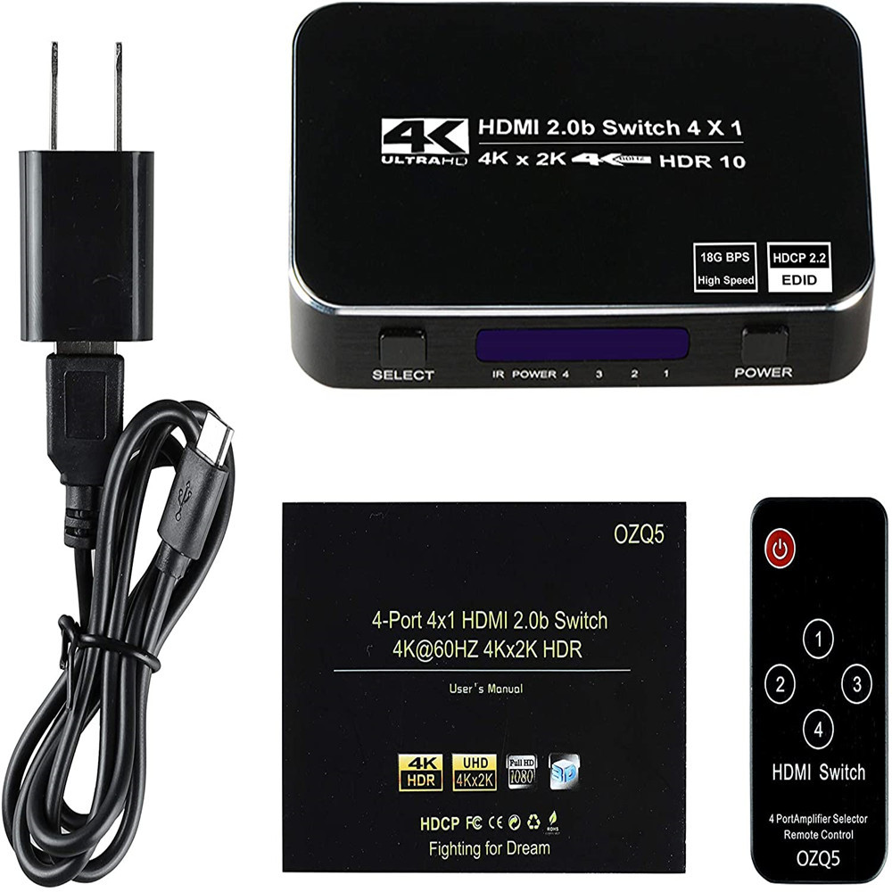 4K HDR HDMI Switch, YXwin 4 Ports 4K 60Hz HDMI 2.0 Switcher Selector with IR Wireless Remote, Supports UltraHD Dolby Vision, High Speed(Max to 18.5Gbps), HDR10, HDCP 2.2 & 3D