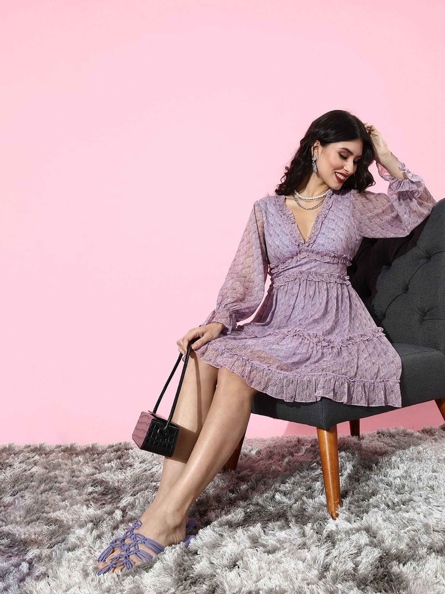 QUIERO Lavender Printed Fit & Flare Dress