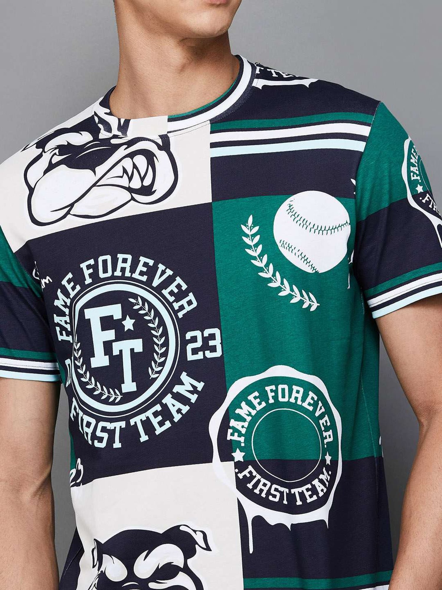 Fame Forever by Lifestyle Dark Green Cotton Regular Fit Printed T-Shirt