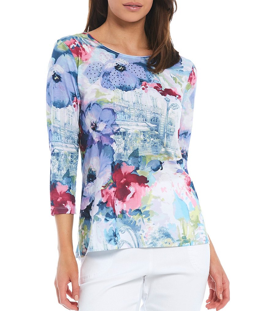 Allison Daley Petite Size French Bistro Print Rhinestone Embellished Detail 3/4 Sleeve Crew Neck Top
