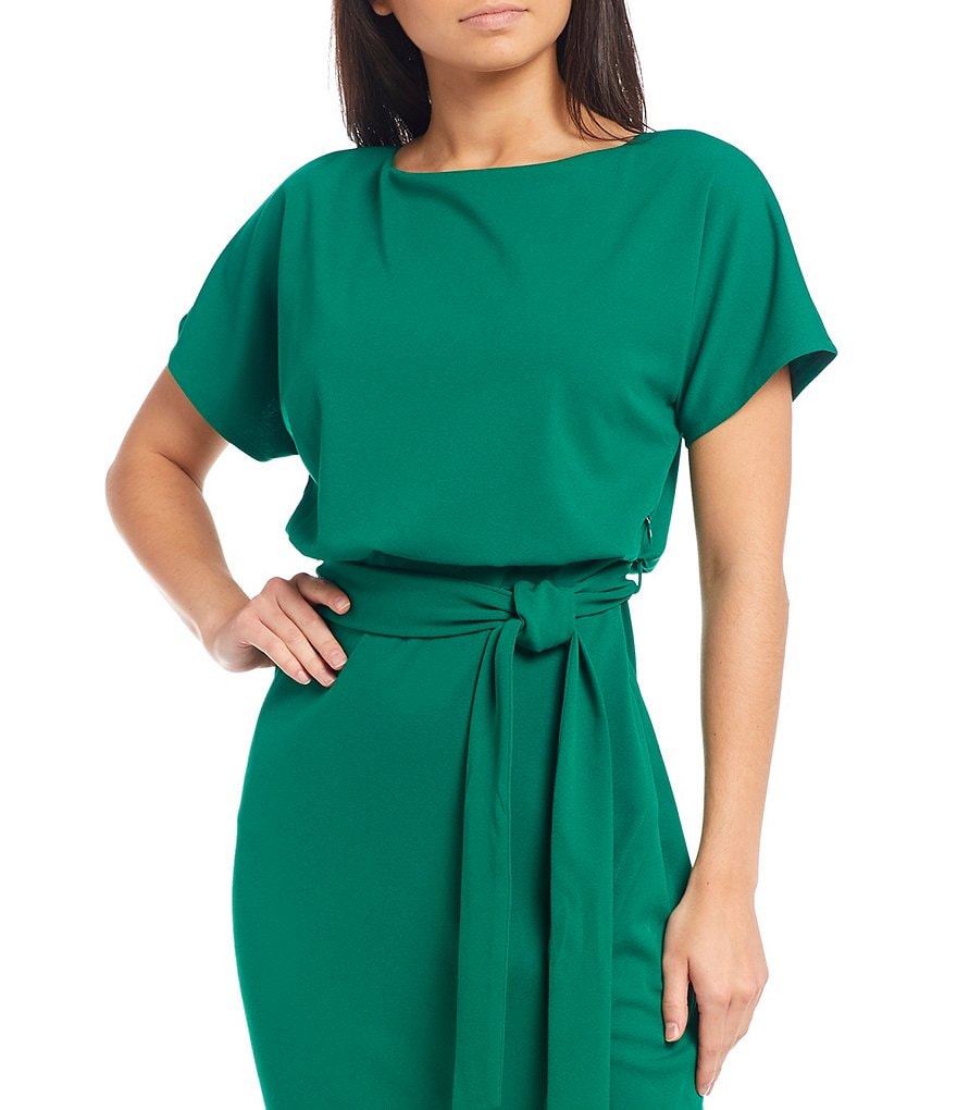 Kensie Textured Knit Boat Neck Tie Waist Short Sleeve Blouson Dress