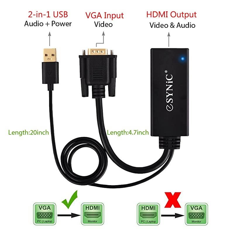 VGA to HDMI Converter Gold Plated VGA to HDMI Out 1080P Audio HD Video Converter Box PC to HDTV Cable Adapter for Computer Desktop Laptop PC DVD from Analogue VGA sVGA to HDTV HD Plasma TV
