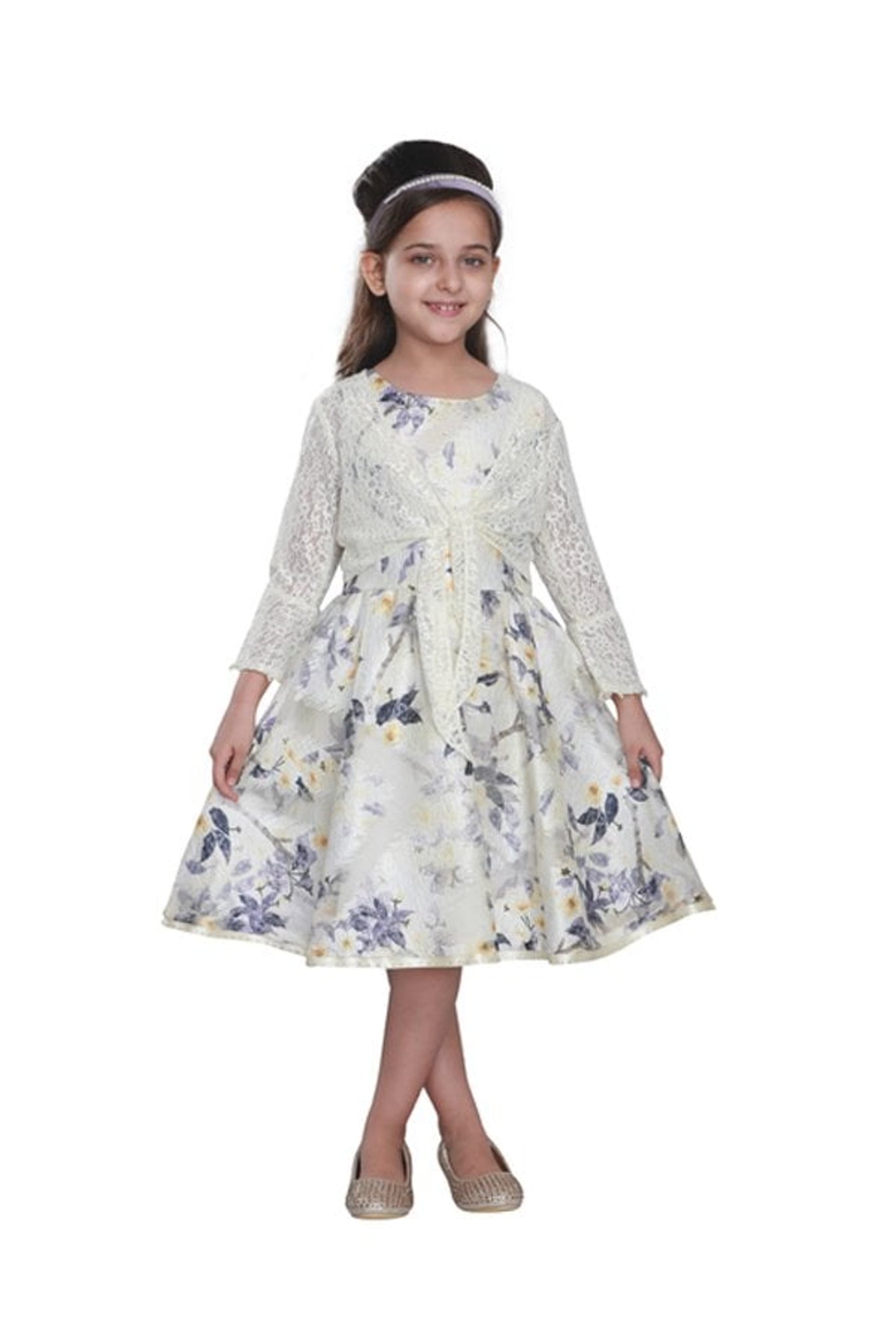 Cutecumber Kids Cream Printed Dress With Hairband