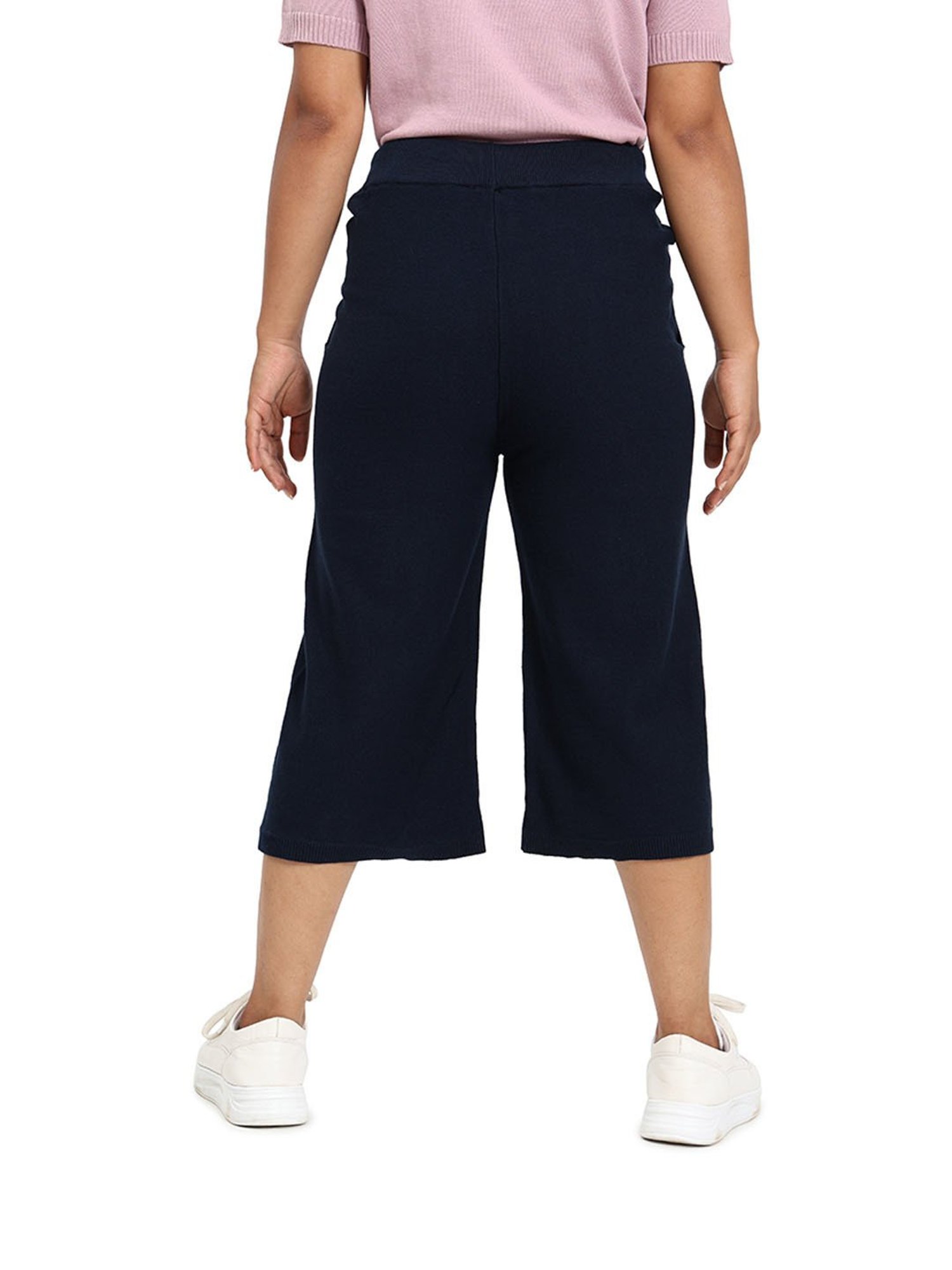 BlissClub Women Navy Mid Rise Cotton Culottes With Two Pockets