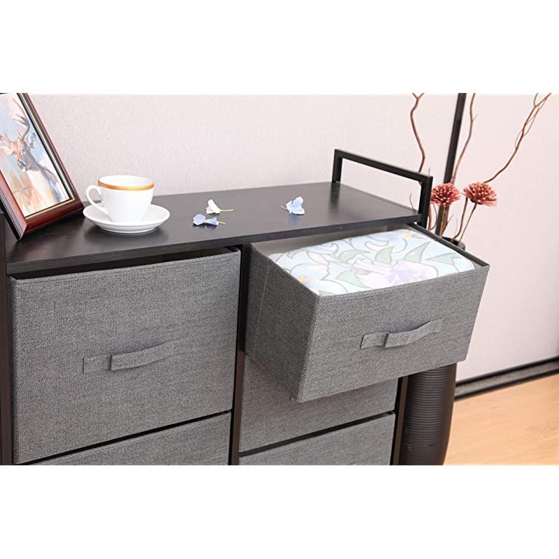 Storage Cube Dresser Organizer for Closet Nursery Bathroom Laundry or Bedroom 5 Fabric Drawers Solid Wood Top Durable Steel Frame Charcoal
