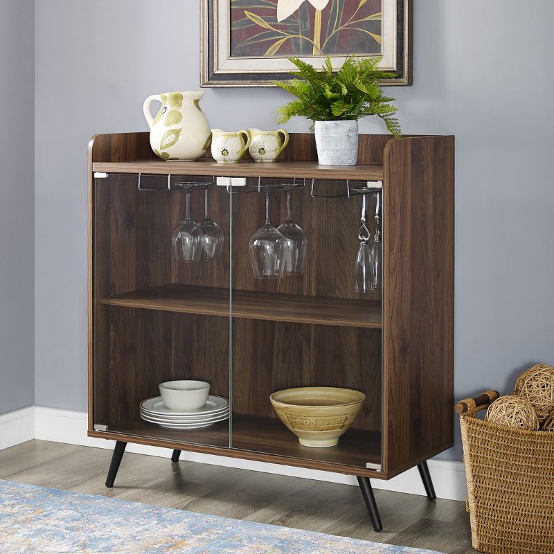 36" Glass Door Bar Cabinet with Metal Legs Dark Walnut - Saracina Home