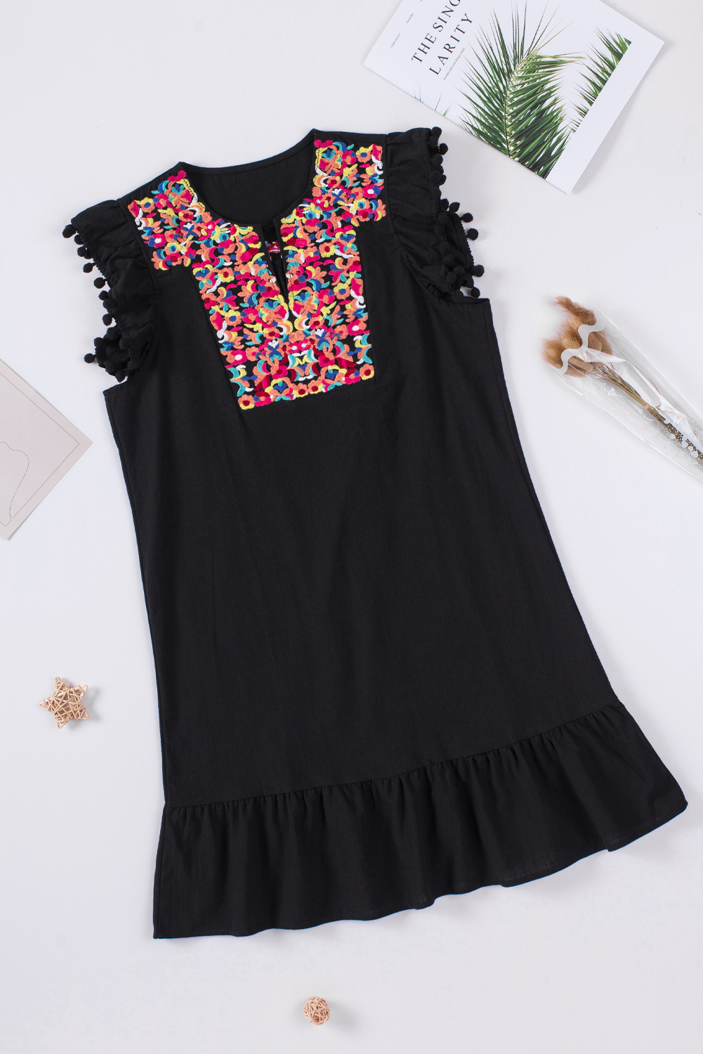 Black Pom Pom A Line Ruffled Sleeveless Short Dress