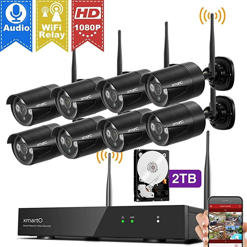 1080p HD & Audio Compatible]  8CH 1080p HD Outdoor Wireless Security Surveillance Camera System with 8pcs 1080p HD Wireless Security Cameras and 2TB HDD, NVR with Built-in WiFi Router, 80ft IR