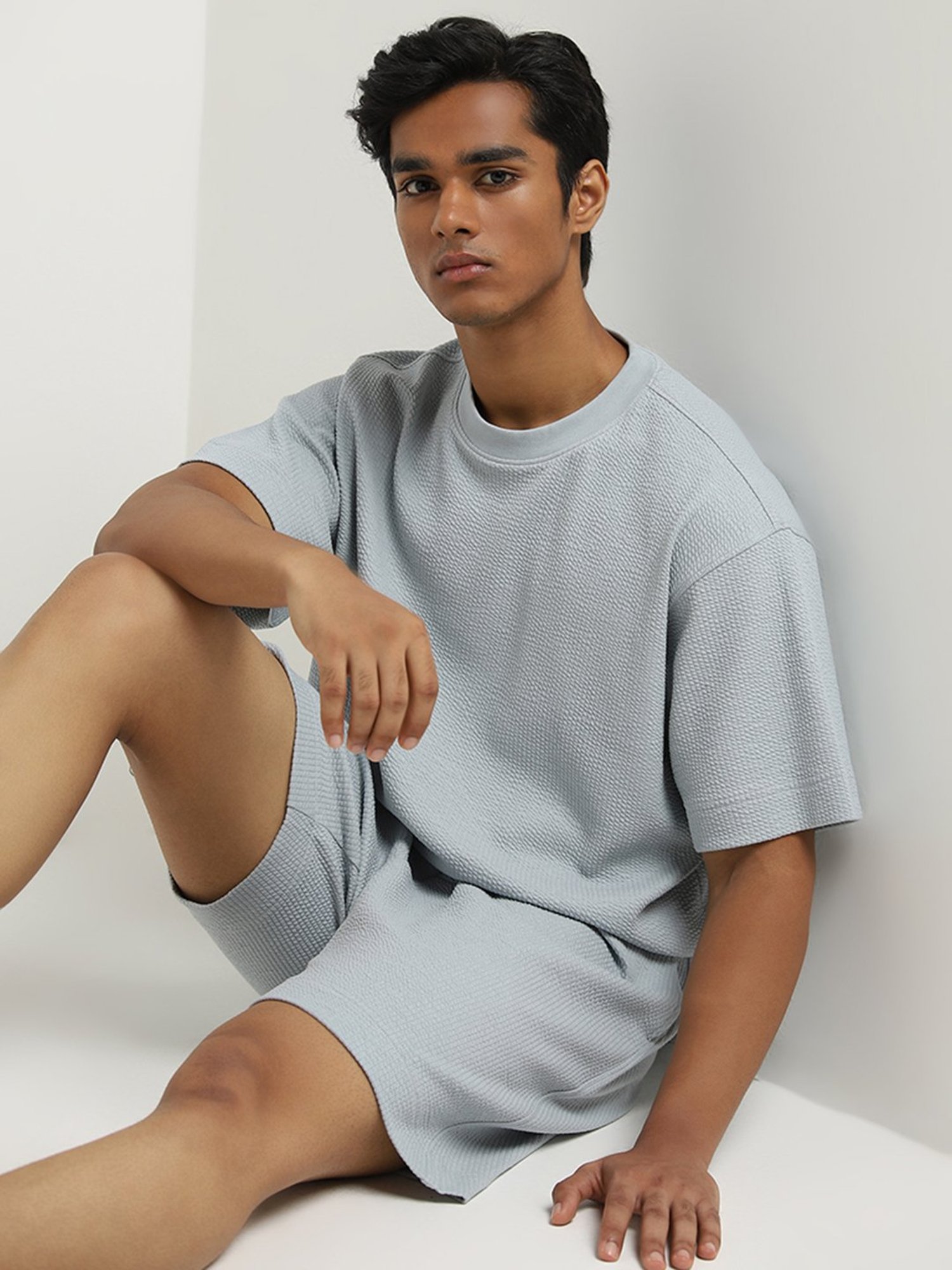 Studiofit by Westside Light Blue Popcorn Textured Relaxed-Fit T-Shirt