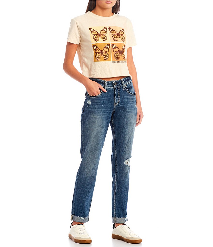 Silver Jeans Co. Mid Rise Raw Rolled Cuff Boyfriend Jeans