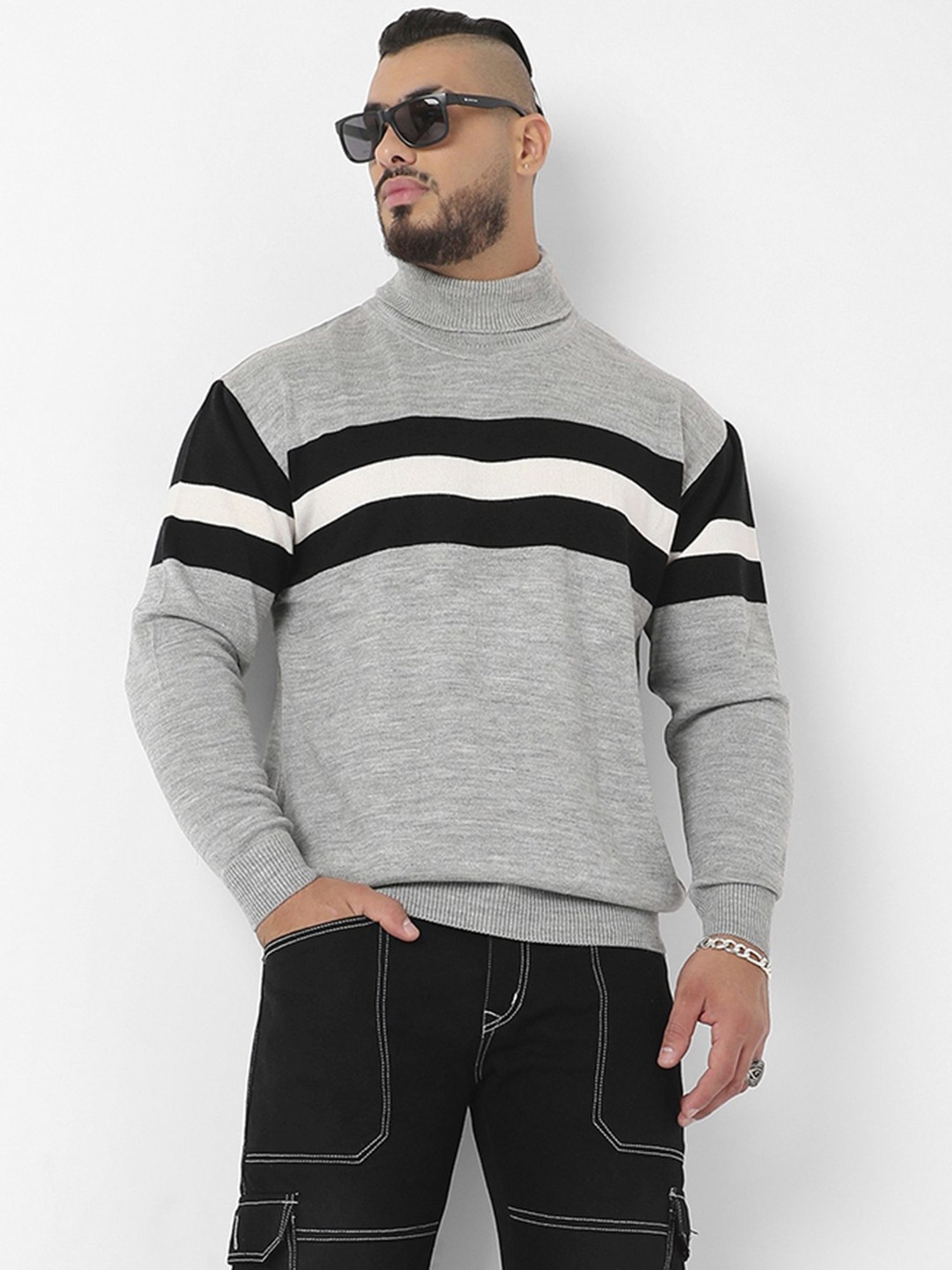 Instafab Plus Light Grey Regular Fit Striped Plus Size Sweater