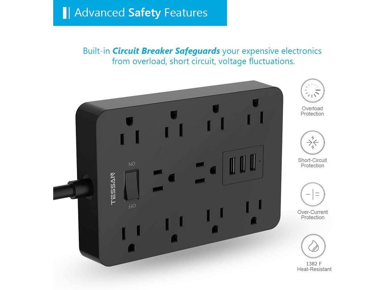 Power Strip, TESSAN Mountable Extension Cord with 3 USB Charger, 10 Widely Spaced AC Outlets, 1875W/15A 4FT Cord, Built-in Security Module Safeguard Home and Office Devices, Black