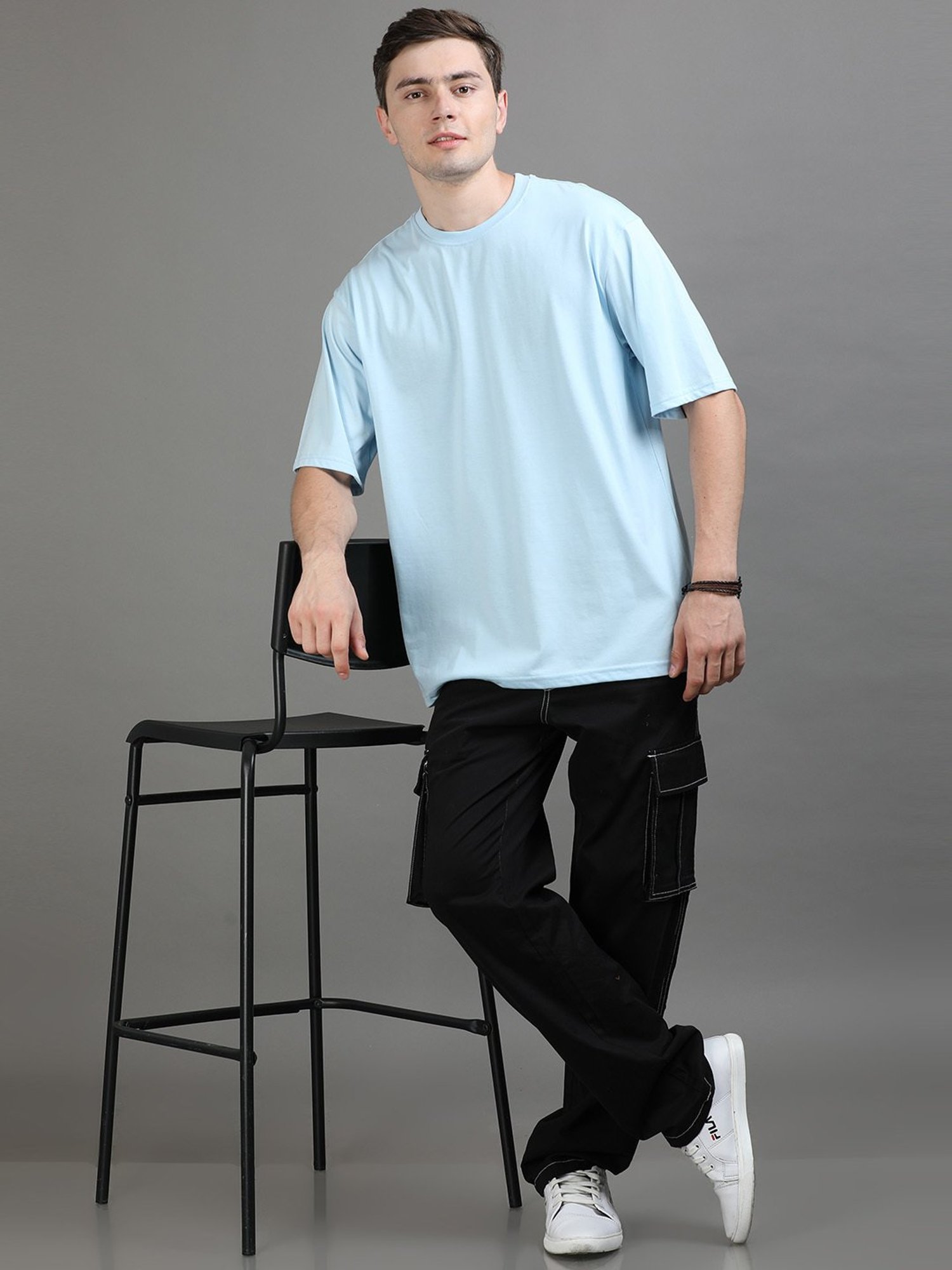 Bushirt Sky Blue Regular Fit Cotton Oversize Crew T-Shirt