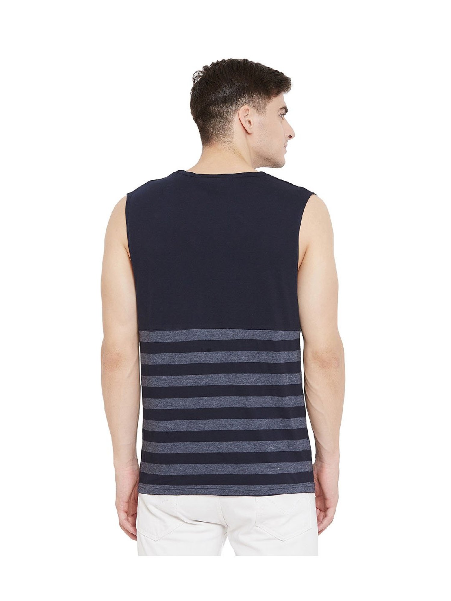 Hypernation Blue & Grey Stripes Cotton T-Shirt