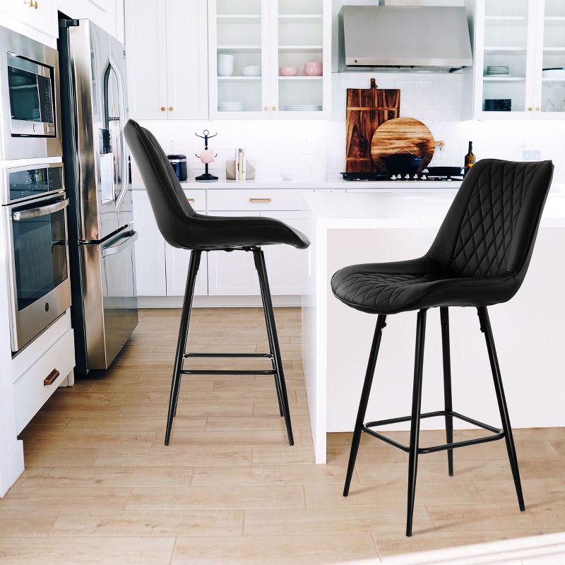 Elama 2 Piece Diamond Stitched Faux Leather Bar Chair in Black with Metal Legs