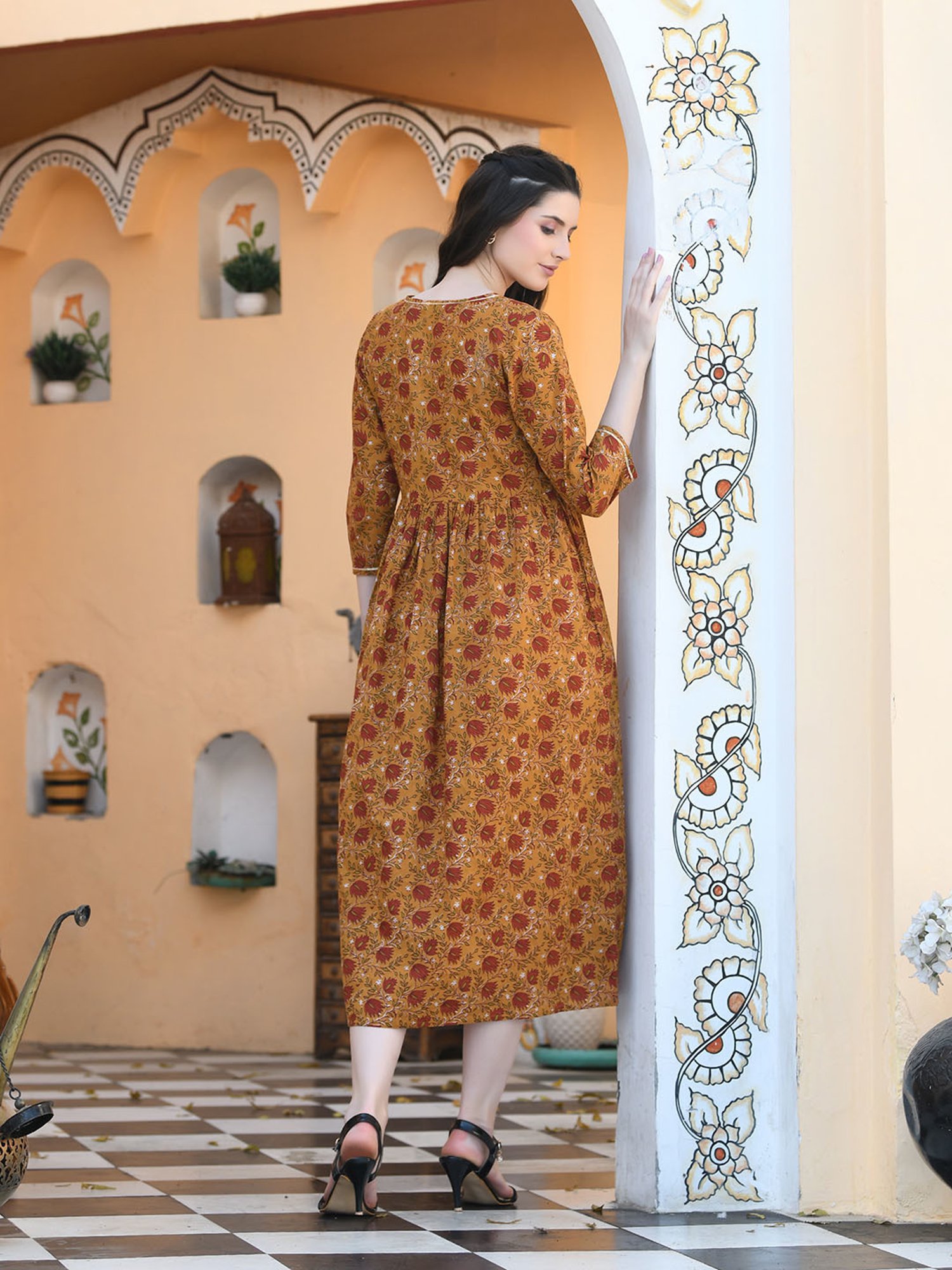 DECKEDUP Mustard Cotton Printed Midi Dress
