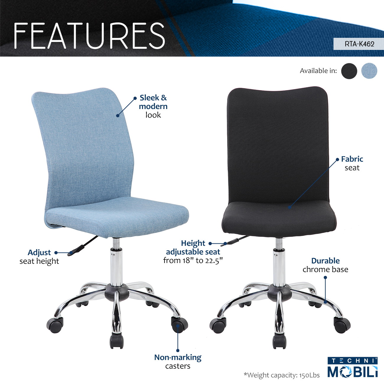 Techni Mobili Modern Office Chair with Height Adjustment, Technical Executive Task Chair with Non Marking Caster Wheels, Blue Jean