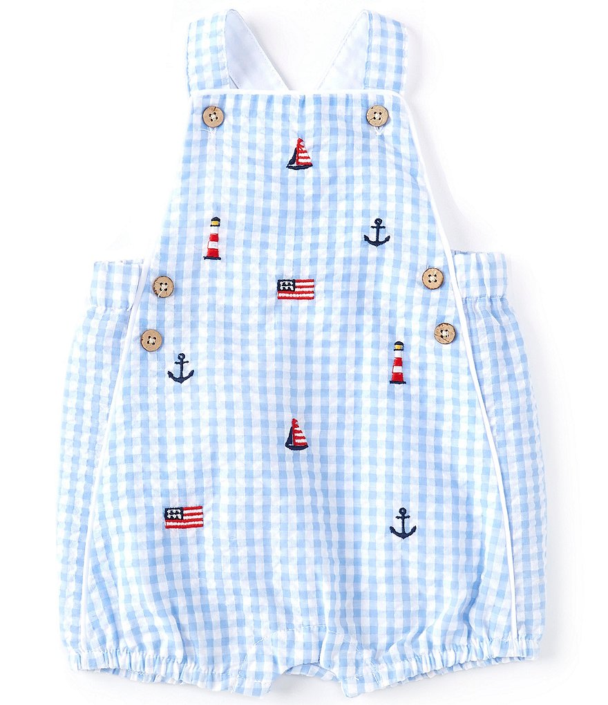 Mud Pie Baby Boys Newborn-9 Months Nautical Seersucker Gingham Schiffli Shortall