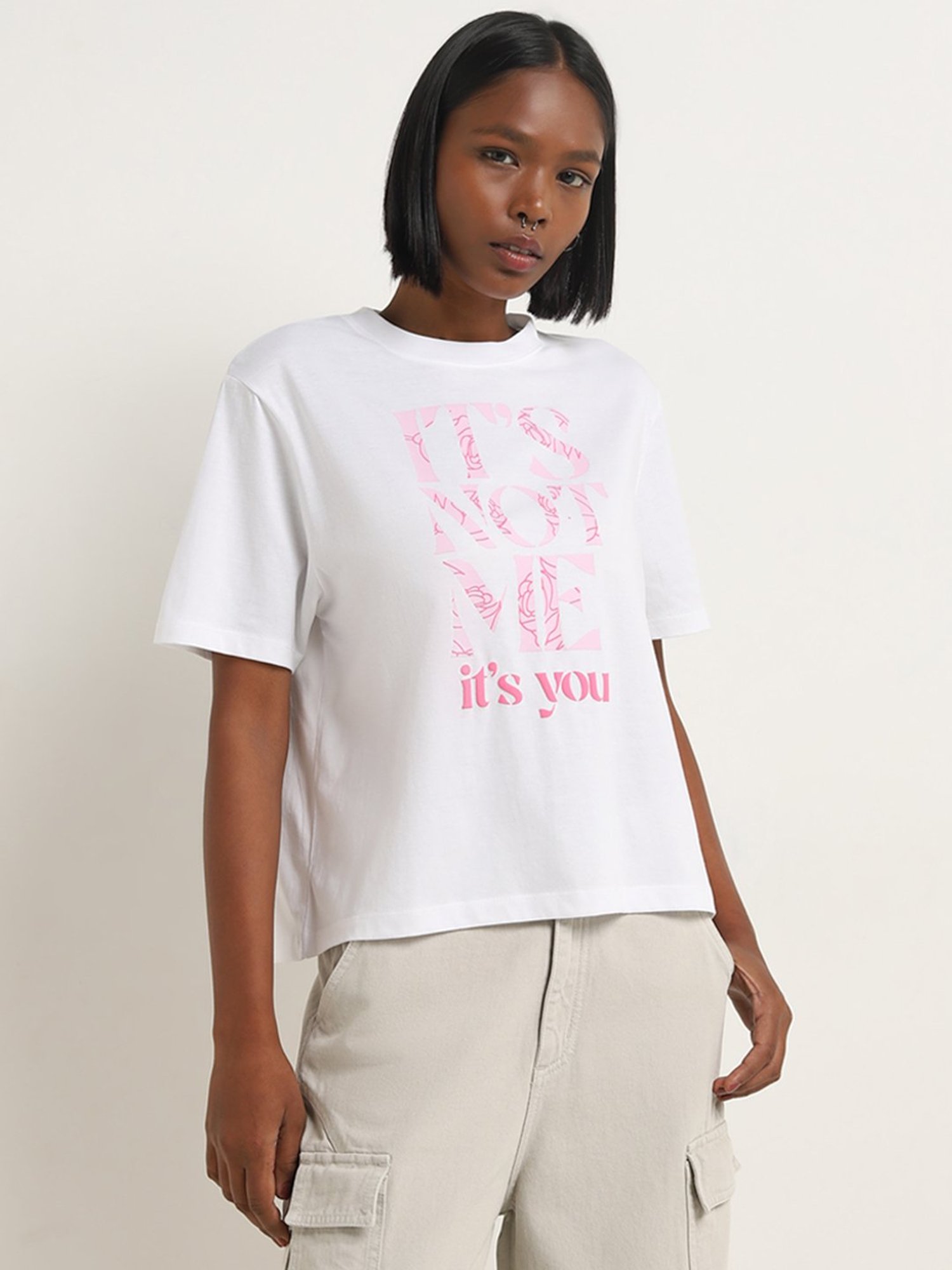 Nuon by Westside White Text Printed Cotton T-Shirt