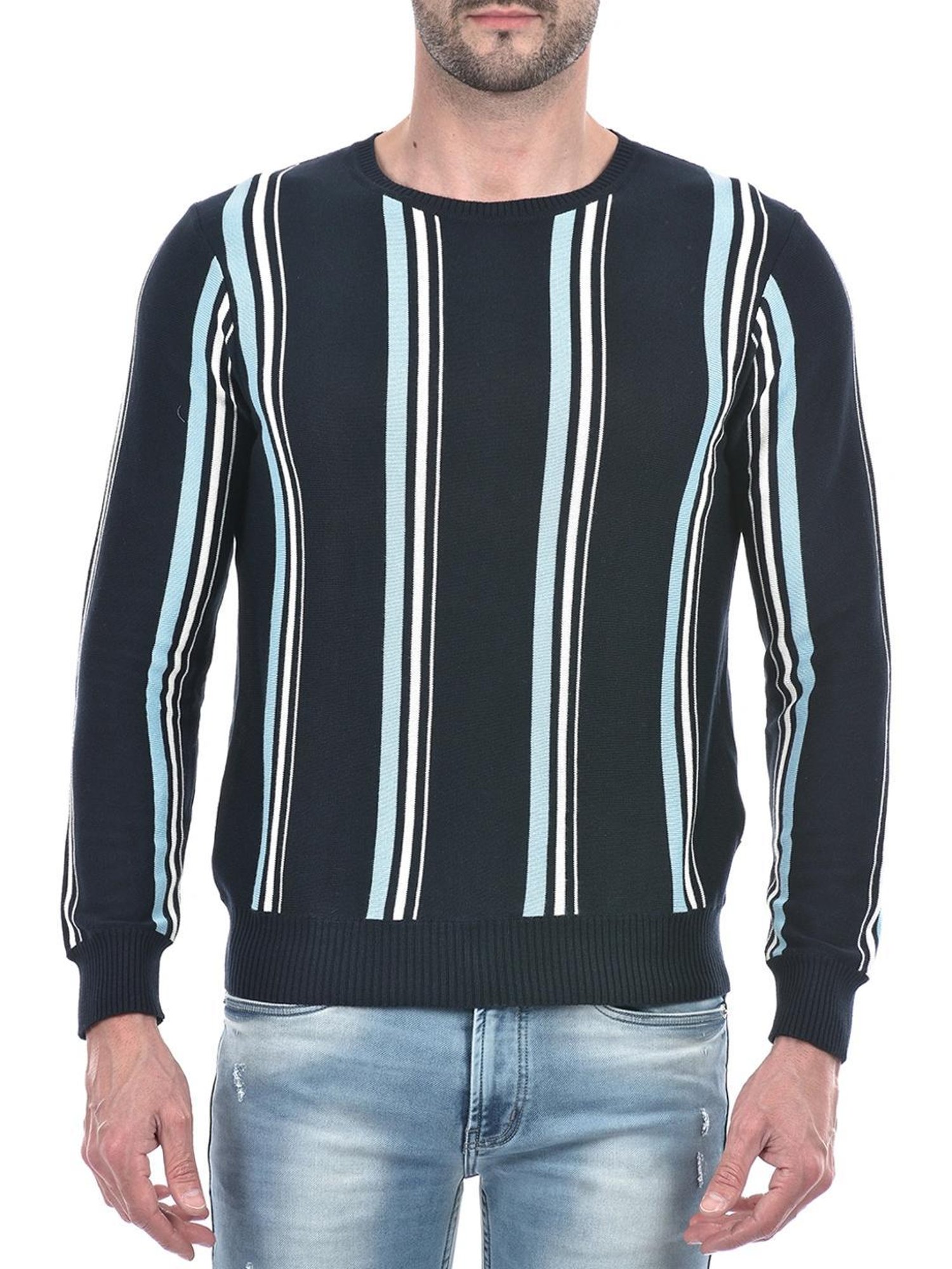 Numero Uno Navy Cotton Regular Fit Striped Sweater