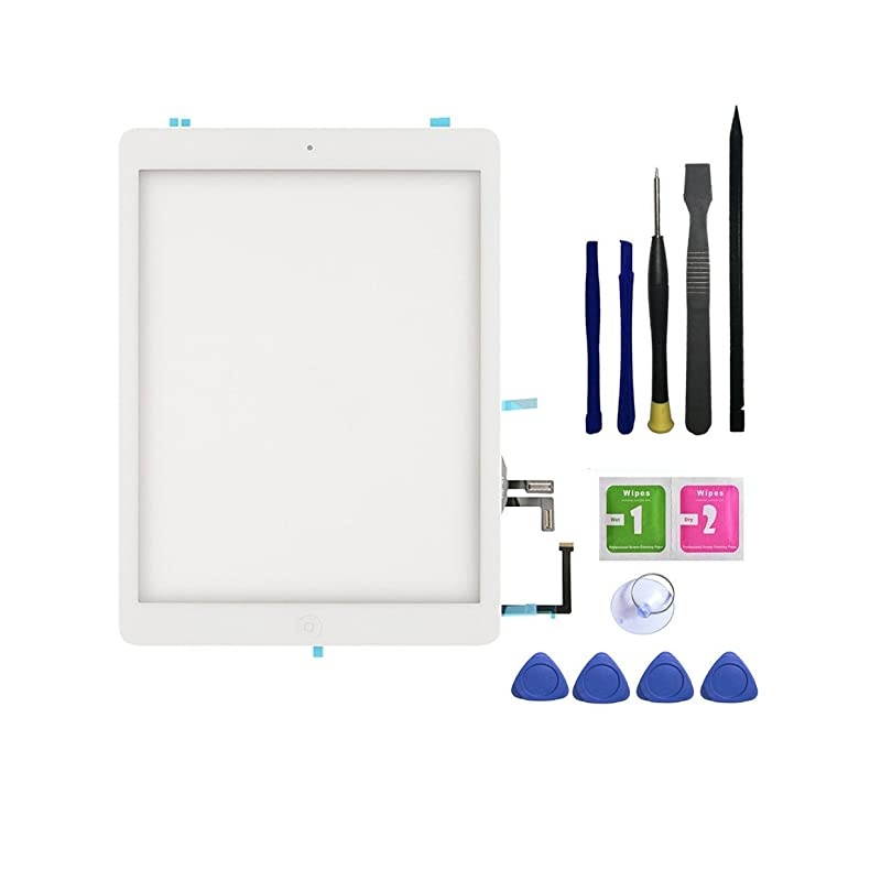 for iPad Air 1st Generation Touch Screen Digitizer Replacement Front Glass Assembly Includes Home Button + Camera Holder+PreInstalled Adhesive with Tools kitWhite