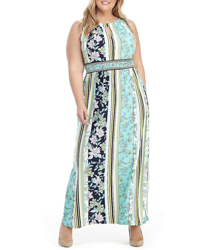 London Times Plus Size Floral Printed Matte Jersey Halter Keyhole Neck Maxi Dress