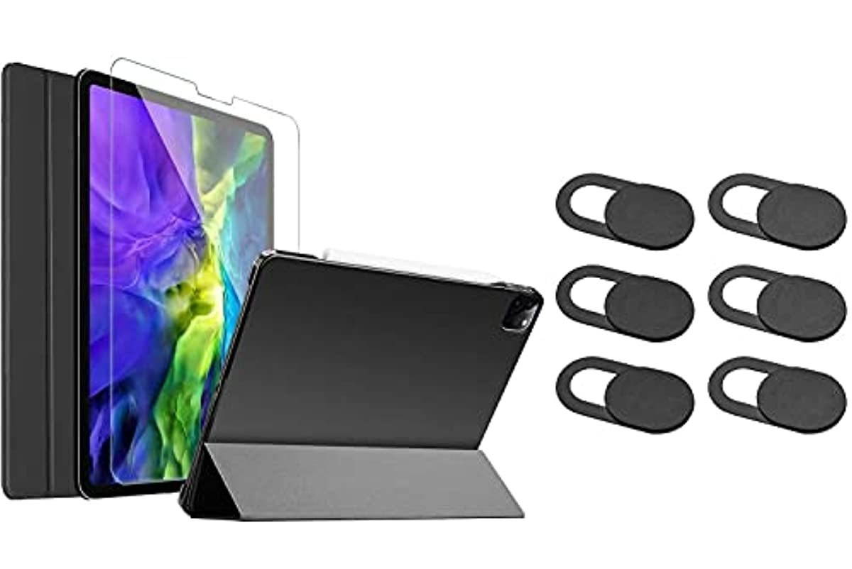 ProCase Black iPad Pro 11 Case with Screen Protector 2020 & 2018 Bundle with [6 Pack] Black Ultra Thin Webcam Cover Slide for Laptop Phone