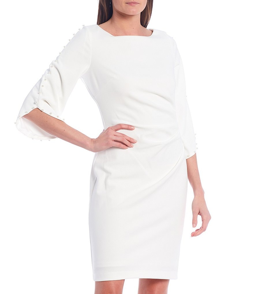 Jessica Howard Pearl Trim Split 3/4 Sleeve Boat Neck Scuba Sheath Dress